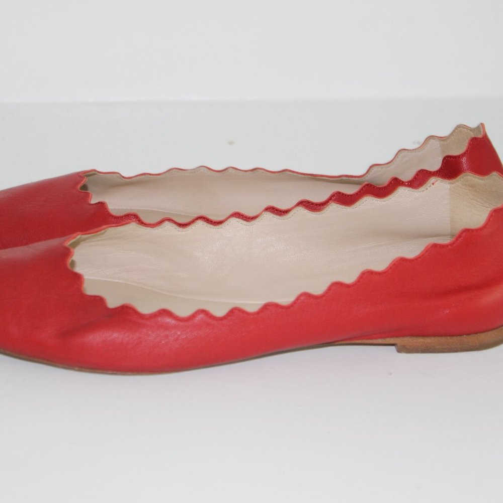 Chloe Lauren Scalloped Leather Ballet Flats, Red Leather Shoes sz 37 7 - Picture 6 of 7